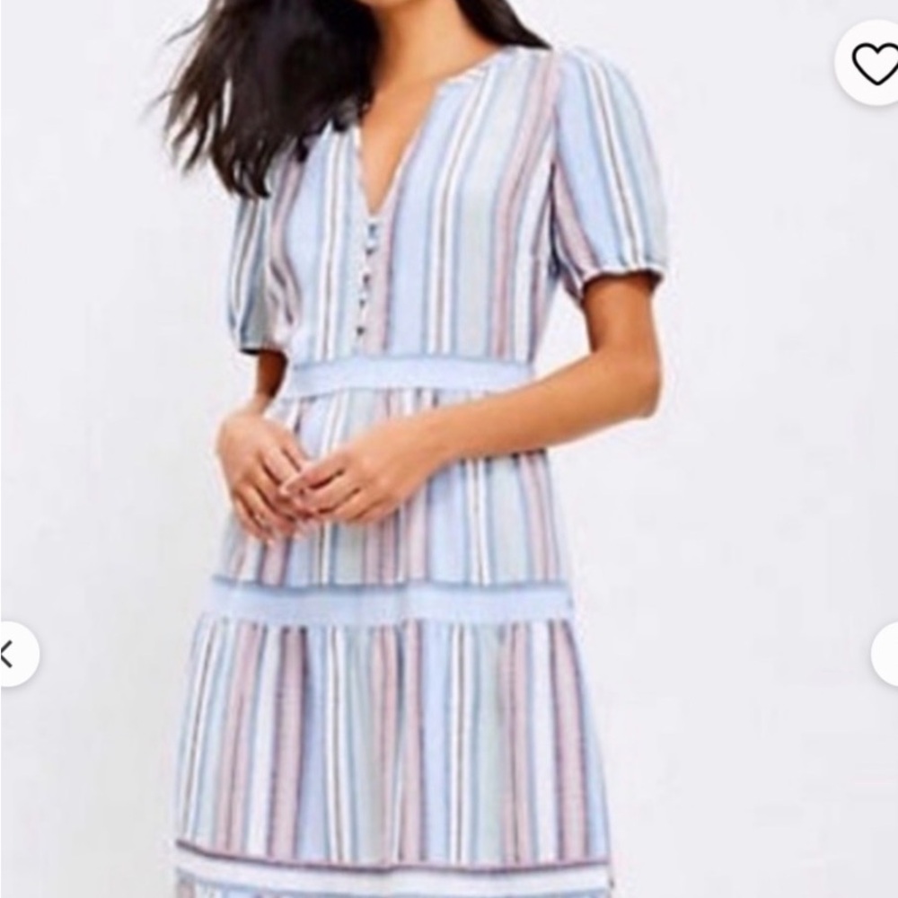Loft Striped Pastel V-Neck Linen Midi Dress